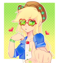 Size: 692x756 | Tagged: safe, artist:sanshuiyiwang, derpibooru import, applejack, human, better together, choose your own ending, equestria girls, applejack's festival hat, applejack's sunglasses, bust, gradient background, heart, looking at you, music festival outfit, patterned background, portrait, solo, sunglasses