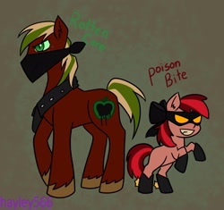 Size: 2306x2170 | Tagged: safe, artist:hayley5662, derpibooru import, apple bloom, big macintosh, earth pony, pony, abstract background, boots, domino mask, face mask, female, filly, foal, green eyes, grin, male, mask, nightmarified, raised hooves, shoes, smiling, stallion, text