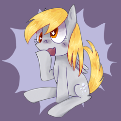 Size: 1280x1280 | Tagged: safe, derpibooru import, derpy hooves, pegasus, pony, colored, cute, female, open mouth, purple background, raised hoof, raised leg, simple background, sitting, solo, starry eyes, wingding eyes