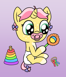 Size: 1287x1500 | Tagged: safe, artist:cleverround, derpibooru import, oc, oc only, oc:crafty circles, pony, unicorn, baby, baby pony, bow, coat markings, cute, diaper, female, filly, foal, freckles, gradient background, hair bow, holding, horn, jewelry, key, pacifier, rattle, ring, short hair, sitting, socks (coat marking), solo, toy