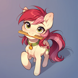 Size: 1024x1024 | Tagged: safe, ai content, derpibooru import, generator:pony diffusion v6 xl, generator:stable diffusion, machine learning generated, roseluck, pony, brush, collar, cute, fluffy, gradient background, hairbrush, looking at you, messy mane, mouth hold, pet tag, pony pet, prompter:doom9454, rosepet, solo, standing