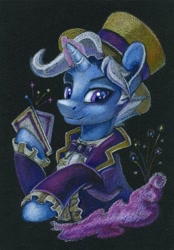 Size: 833x1200 | Tagged: safe, artist:maytee, derpibooru import, jack pot, pony, unicorn, black paper, bust, card, clothes, hat, horn, magic, magic aura, portrait, solo, top hat, traditional art