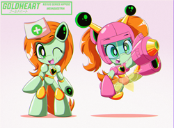 Size: 1467x1080 | Tagged: safe, artist:trackheadtherobopony, derpibooru import, oc, oc:goldheart, pony, robot, robot pony, semi-anthro, arm cannon, japanese, mega man (series), nurse, self paradox, self ponidox, text