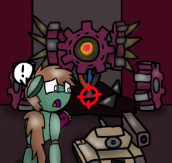 Size: 629x596 | Tagged: safe, artist:foxfer64_yt, derpibooru import, oc, oc:goldheart, pony, robot, robot pony, arm cannon, exclamation point, gears, junk, looking down, scared, tank (vehicle), target
