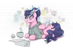 Size: 4961x3508 | Tagged: safe, artist:delfinaluther, derpibooru import, oc, pegasus, pony, blue mane, chocolate, food, genderfluid, horns, hot chocolate, insanity, paper, solo, wings