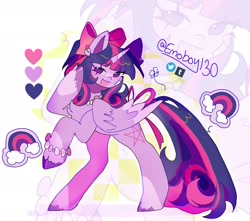 Size: 2088x1846 | Tagged: safe, artist:emoboy130, derpibooru import, twilight sparkle, twilight sparkle (alicorn), alicorn, pony, g4, :3, abstract background, alternate cutie mark, alternate design, alternate hairstyle, bandaid, bow, chest fluff, coat markings, color palette, colored eartips, colored hooves, colored horn, colored pinnae, colored wings, colored wingtips, coquette, ear fluff, ear piercing, earring, ears, facial markings, female, folded wings, hair bow, horn, jewelry, long mane, long tail, looking away, mare, multicolored mane, multicolored tail, necklace, open mouth, open smile, pearl necklace, piercing, ponytail, purple coat, purple eyes, rainbow, rearing, shiny hooves, shiny mane, shiny tail, signature, smiling, snip (coat marking), socks (coat marking), solo, tail, tied mane, two toned wings, unicorn horn, unshorn fetlocks, wingding eyes, wings, zoom layer
