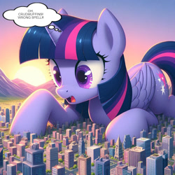 Size: 1024x1024 | Tagged: safe, ai content, derpibooru import, editor:giantpony, generator:bing image creator, generator:dall-e 3, machine learning assisted, machine learning generated, twilight sparkle, twilight sparkle (alicorn), alicorn, pony, g4, cute, female, giant pony, giant twilight sparkle, giantess, huge pony, implied accident, implied humans, larger female, macro, macro/micro, mega, mega macro, micro city, phraseit, prompter:giantpony, size difference, story included, tiny city, towering, twiabetes