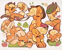 Size: 2048x1654 | Tagged: safe, artist:yanyannonoz, derpibooru import, applejack, pear butter, earth pony, pony, g4, :t, ><, apple, applejack's hat, bag, big ears, big eyes, blonde, blonde mane, blonde tail, blush scribble, blushing, bush, butt, chibi, clothes, colored eyelashes, cowboy hat, cream coat, cute, duo, duo female, ears, emanata, eyes closed, female, flower, flower in hair, food, freckles, green eyes, hat, hoof out, jackabetes, lasso, leaves, leaves in hair, lidded eyes, lying down, mare, mouth hold, one eye closed, open mouth, open smile, orange coat, orange mane, orange tail, pearabetes, plot, ponytail, profile, prone, raised hoof, raised hooves, raised leg, rear view, rope, saddle bag, shiny mane, shiny tail, simple background, sitting, smiling, tail, tied mane, tied tail, two toned mane, two toned tail, wall of tags, white background, wingding eyes, wink