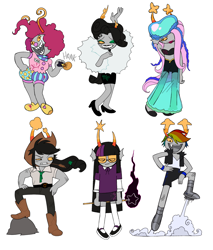 Size: 1742x2048 | Tagged: safe, artist:ohmeiios, derpibooru import, applejack, fluttershy, pinkie pie, rainbow dash, rarity, twilight sparkle, jellyfish, g4, applejack's hat, clothes, clown, cowboy hat, female, hat, homestuck, mane six, race swap, rock, simple background, troll (homestuck), white background