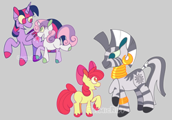 Size: 2048x1423 | Tagged: safe, artist:cosmicriff, derpibooru import, apple bloom, sweetie belle, twilight sparkle, twilight sparkle (alicorn), zecora, alicorn, earth pony, pony, unicorn, zebra, apple bloom's bow, armband, bow, colored hooves, colored pinnae, colored sclera, colored wings, colored wingtips, ear piercing, earring, female, filly, foal, gray background, green sclera, hair bow, hooped earrings, horn, jewelry, mare, open mouth, open smile, piercing, raised hoof, raised leg, simple background, smiling, unshorn fetlocks, wings, yellow sclera