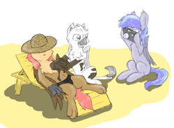 Size: 1280x941 | Tagged: safe, artist:pzkratzer, derpibooru import, oc, oc:discoordination, oc:griffin zephyr, oc:ponygriff, griffon, pegasus, aggie.io, camera, clothes, hat, imminent mud bath, lying down, male, males only, mud, on back, ponygriff, sitting, sketch, speedo, sunbathing, swimming trunks, swimsuit, trio