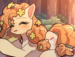 Size: 2048x1536 | Tagged: safe, artist:mugitya012, derpibooru import, pear butter, earth pony, pony, blush lines, blushing, colored eyelashes, cute, eyes closed, female, flower, flower in hair, freckles, green eyelashes, implied bright mac, lying down, mare, offscreen character, open mouth, pearabetes, prone, solo focus