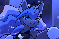 Size: 1992x1303 | Tagged: safe, artist:mugitya012, derpibooru import, princess luna, alicorn, pony, ambiguous facial structure, blue background, blue eyelashes, colored eyelashes, cute, cute little fangs, cyan eyelashes, ethereal mane, eye clipping through hair, eyeshadow, fangs, female, hoof shoes, jewelry, makeup, mare, open mouth, open smile, peytral, simple background, smiling, solo, sparkly mane, tiara