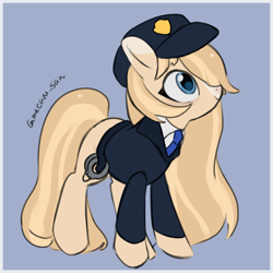 Size: 4096x4096 | Tagged: safe, artist:metaruscarlet, derpibooru import, oc, oc only, oc:alice aimoto, earth pony, pony, blue background, clothes, earth pony oc, hat, manacles, necktie, passepartout, police, police hat, police officer, police pony, police uniform, simple background, solo