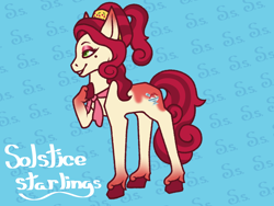 Size: 3200x2400 | Tagged: safe, artist:solsticestarlings, derpibooru import, cherry jubilee, earth pony, pony, g4, 2023, beauty mark, clothes, eyeshadow, female, lidded eyes, makeup, mare, raised hoof, raised leg, redesign, scarf, smiling, solo, tail, unshorn fetlocks