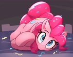 Size: 3404x2678 | Tagged: safe, artist:pabbley, derpibooru import, pinkie pie, earth pony, pony, g4, bed, confetti, cute, diapinkes, female, looking at you, lying down, mare, solo