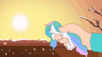 Size: 800x450 | Tagged: safe, artist:doublewbrothers, derpibooru import, edit, princess celestia, alicorn, pony, my tiny pony, animated, duo, female, hand, horn, in goliath's palm, light, pointing, raising the sun, roof, size difference, sun, tiny, tiny ponies, tree