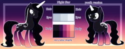 Size: 8120x3192 | Tagged: safe, artist:missmoonlightangel, derpibooru import, oc, oc only, oc:night star, pony, unicorn, abstract background, blue eyes, body markings, closed mouth, coat markings, color palette, colored horn, dorsal stripe, eyeshadow, female, gradient background, gradient legs, horn, lidded eyes, makeup, mare, physique difference, reference sheet, slender, smiling, solo, standing, tall, thin