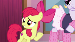 Size: 1280x720 | Tagged: safe, derpibooru import, screencap, apple bloom, hoofer steps, earth pony, pony, g4, on your marks, apple bloom's bow, bow, clothes, duo, eyeshadow, female, filly, foal, grin, hair bow, hoof warmers, lidded eyes, looking at someone, makeup, mare, raised hoof, raised leg, smiling, tutu, waving