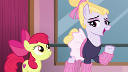 Size: 1280x720 | Tagged: safe, derpibooru import, screencap, apple bloom, hoofer steps, earth pony, pony, g4, on your marks, apple bloom's bow, ballet, bow, clothes, eyeshadow, female, filly, foal, hair bow, hoof warmers, looking at each other, looking at someone, makeup, mare, open mouth, open smile, raised hoof, raised leg, smiling, smiling at each other, tutu