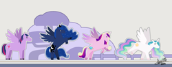 Size: 2750x1080 | Tagged: safe, artist:tidmouthmilk12, derpibooru import, edit, edited screencap, screencap, princess cadance, princess celestia, princess luna, twilight sparkle, twilight sparkle (alicorn), alicorn, pony, g4, bipedal, bluey, ethereal mane, fence, galloping, jewelry, pop-up book, rearing, signature, spread wings, standing, starry mane, tiara, tree, wings