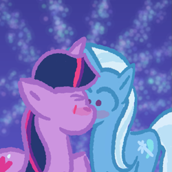 Size: 689x689 | Tagged: safe, artist:thistlerose, derpibooru import, trixie, twilight sparkle, blushing, fanfic art, female, kissing, lesbian, shipping, twixie