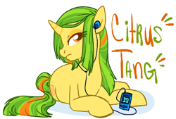 Size: 445x300 | Tagged: safe, artist:clovercoin, derpibooru import, oc, oc only, oc:citrus tang, pony, unicorn, earbuds, female, head turn, horn, lidded eyes, lying down, mare, music player, orange eyes, prone, simple background, solo, text, unicorn oc, white background