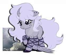 Size: 1024x861 | Tagged: safe, artist:magic dark art, oc, pony, unicorn, curved horn, deviantart watermark, female, mare, obtrusive watermark, simple background, solo, unshorn fetlocks, watermark, white background