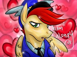 Size: 968x726 | Tagged: dead source, safe, artist:cnat, artist:step-and-fetch-it, derpibooru import, care package, special delivery, pegasus, pony, g4, bedroom eyes, close-up, clothes, floating heart, hat, heart, looking at you, mailpony, male, seductive, sexy, solo, stallion, stupid sexy care package, uniform