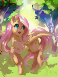 Size: 1785x2345 | Tagged: safe, artist:my-magic-dream, derpibooru import, fluttershy, bird, pegasus, pony, g4, bipedal, cute, dappled sunlight, female, grass, high res, looking at something, looking up, mare, nature, open mouth, open smile, outdoors, raised hoof, raised leg, shyabetes, smiling, solo, spread wings, tail, tree, wings