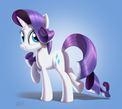 Size: 2048x1824 | Tagged: safe, artist:brdte, derpibooru import, rarity, pony, unicorn, g4, bipedal, butt, commission, female, gradient background, grin, horn, looking at you, looking back, looking back at you, mare, plot, raised hoof, raised leg, rearity, signature, smiling, smiling at you, solo, tail