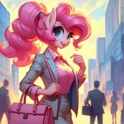 Size: 1024x1024 | Tagged: safe, ai content, derpibooru import, machine learning generated, pinkie pie, anthro, g4, adorasexy, bag, beautiful, big breasts, breasts, business suit, businessmare, button-up shirt, city, clothes, cute, female, handbag, looking at you, office lady, pinkie pies, prompter:horselover fat, sexy, shirt, smiling, smiling at you, walking