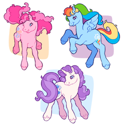 Size: 1988x2048 | Tagged: safe, artist:cocopudu, derpibooru import, pinkie pie, rainbow dash, rarity, earth pony, pegasus, pony, unicorn, g2, g4, female, g4 to g2, generation leap, horn, mare, simple background, smiling, starry eyes, trio, trio female, white background, wingding eyes