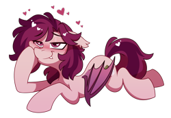 Size: 2250x1550 | Tagged: safe, artist:crimmharmony, derpibooru import, oc, oc only, oc:crimm harmony, bat pony, bat pony oc, bat wings, blushing, ears back, folded wings, heart, heart eyes, hoof on cheek, lying down, prone, simple background, smiling, solo, transparent background, wingding eyes, wings