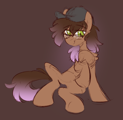 Size: 1588x1558 | Tagged: safe, artist:crimmharmony, derpibooru import, oc, oc only, oc:be sharp, earth pony, brown background, colored sketch, glasses, hat, male, raised hoof, raised leg, simple background, sitting, sketch, smiling, solo