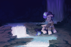 Size: 3000x2000 | Tagged: safe, artist:crimmharmony, derpibooru import, oc, oc only, pegasus, blue mane, clothes, commission, crying, dark background, eyes closed, folded wings, jacket, looking down, male, painting, pegasus oc, rock, sad, stallion, water, waterfall, wings