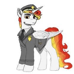 Size: 2000x2000 | Tagged: safe, artist:fire ray, derpibooru import, oc, oc only, oc:fire ray, alicorn, pony, unicorn, badge, black tie, buckle, clothes, formal wear, horn, looking at you, male, orange eyes, orange mane, simple background, solar empire, solo, two toned mane, uniform, white background, white coat, wings tucked in, yellow mane