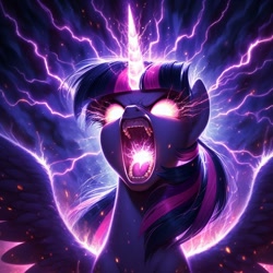 Size: 1024x1024 | Tagged: safe, ai content, derpibooru import, generator:dall-e 3, machine learning generated, twilight sparkle, twilight sparkle (alicorn), alicorn, pony, g4, epic, female, glowing, glowing eyes, glowing horn, horn, mare, prompter:doomguy397, screaming, solo, solo focus, spread wings, throat light, wings