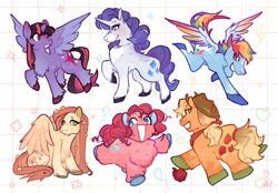 Size: 1500x1043 | Tagged: safe, artist:taffybuns, derpibooru import, applejack, fluttershy, pinkie pie, rainbow dash, rarity, twilight sparkle, twilight sparkle (alicorn), alicorn, earth pony, pegasus, pony, unicorn, g4, :3, :<, alternate color palette, alternate design, alternate hairstyle, applejack's hat, applejacked, bandana, blaze (coat marking), blonde, blonde mane, blonde tail, blue coat, blue eyes, blushing, body freckles, chest fluff, clothes, coat markings, colored belly, colored ears, colored hooves, colored muzzle, colored pinnae, colored wings, colored wingtips, concave belly, cowboy hat, eye clipping through hair, eyebrows, eyebrows visible through hair, eyeshadow, facial markings, female, fetlock tuft, flower petals, flying, freckles, frown, gradient legs, gray coat, green eyes, group, hair accessory, hat, height difference, horn, leg fluff, long mane, long tail, looking away, looking back, makeup, mane six, mare, multicolored eyes, multicolored hair, multicolored mane, multicolored tail, muscles, neckerchief, no catchlights, open mouth, open smile, orange coat, pale belly, patterned background, physique difference, pink coat, pink mane, pink tail, ponytail, prancing, profile, purple coat, purple eyes, purple mane, purple tail, rainbow hair, rainbow tail, raised hoof, raised leg, rear view, red eyes, redesign, sextet, short hair rainbow dash, short horn, short mane, short tail, signature, sitting, smiling, socks (coat marking), sparkles, sparkly mane, sparkly tail, spread wings, standing, straight mane, straight tail, tail, tail accessory, tied mane, tied tail, two toned eyes, two toned mane, two toned tail, two toned wings, unicorn horn, unshorn fetlocks, wall of tags, wing freckles, wings, wings down, yellow coat