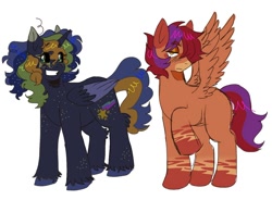 Size: 1170x860 | Tagged: safe, artist:roseytherose, derpibooru import, oc, oc only, oc:twinkle star, alicorn, pegasus, pony, alicorn oc, ambiguous gender, black coat, black sclera, body freckles, coat markings, colored ears, colored eartips, colored eyebrows, colored hooves, colored muzzle, colored pupils, colored wings, colored wingtips, curly hair, curly mane, curly tail, duo, ear fluff, ears, eye clipping through hair, eyebrows, eyebrows visible through hair, eyeshadow, facial markings, folded wings, freckles, frown, gradient legs, green eyes, horn, leg fluff, leg freckles, lidded eyes, long mane, long tail, looking away, makeup, mealy mouth (coat marking), messy mane, multicolored mane, no catchlights, orange coat, orange eyes, pegasus oc, raised hoof, raised leg, shiny mane, shiny tail, short mane, simple background, smiling, socks (coat marking), standing, tail, two toned eyes, two toned mane, two toned tail, two toned wings, unicorn horn, unnamed oc, unshorn fetlocks, white background, wings