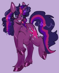 Size: 1169x1446 | Tagged: safe, artist:roseytherose, derpibooru import, twilight sparkle, unicorn twilight, pony, unicorn, g4, alternate color palette, alternate hairstyle, alternate tailstyle, bags under eyes, colored hooves, colored pinnae, colored sketch, curly hair, curly mane, curly tail, eye clipping through hair, female, horn, leg fluff, long mane, long tail, mare, purple background, purple coat, purple eyes, raised hoof, raised leg, shiny hooves, shiny mane, shiny tail, simple background, sketch, smiling, solo, tail, thick eyelashes, unicorn horn, unshorn fetlocks, wingding eyes