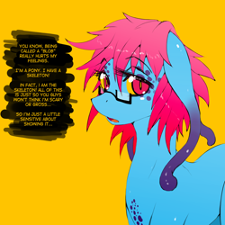 Size: 1000x1000 | Tagged: safe, artist:slugbox, derpibooru import, oc, oc only, oc:cteno, goo, goo pony, original species, pony, female, glasses, mare, simple background, solo, speech bubble, yellow background