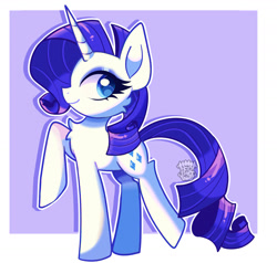 Size: 1280x1218 | Tagged: safe, artist:acid-fangs, derpibooru import, rarity, pony, unicorn, g4, big ears, big eyes, blue eyes, chest fluff, ears, eyeshadow, female, horn, long horn, long legs, long mane, long tail, looking back, makeup, mare, outline, passepartout, profile, purple mane, purple tail, raised leg, shiny mane, shiny tail, signature, simple background, smiling, solo, tail, unicorn horn, white background, white coat, wingding eyes