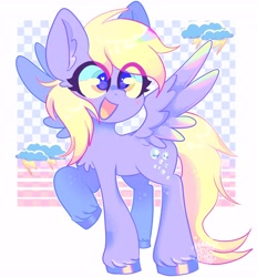 Size: 3796x4096 | Tagged: safe, artist:acid-fangs, derpibooru import, derpy hooves, pegasus, pony, g4, big ears, big eyes, chest fluff, colored ear fluff, colored hooves, cute, derpabetes, ear fluff, ears, eye clipping through hair, female, golden eyes, gray coat, heart, heart eyes, mare, open mouth, open smile, passepartout, raised hoof, raised leg, shiny hooves, shiny mane, shiny tail, simple background, smiling, solo, spread wings, standing, unshorn fetlocks, white background, wingding eyes, wings, yellow atil, yellow mane