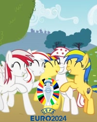 Size: 720x902 | Tagged: safe, anonymous artist, derpibooru import, earth pony, pegasus, pony, ^^, austria, current events, euro 2024, eyes closed, female, football, georgia (country), group hug, hug, mare, nation ponies, poland, ponified, romania, species swap, sports, ukraine