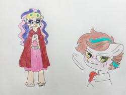 Size: 1280x961 | Tagged: safe, artist:doodletheexpoodle, derpibooru import, oc, oc only, oc:daylight amethyst, oc:pocket watch, alicorn, anthro, earth pony, unguligrade anthro, blushing, cape, cloak, clothes, duo, duo female, ears, female, floppy ears, hands together, head turn, headband, heart, heart eyes, hidden horn, lesbian, mare, oc x oc, offspring, parent:doctor whooves, parent:starlight glimmer, parent:sunburst, parent:twilight sparkle, parents:starwhooves, parents:twiburst, puppy dog eyes, shipping, teary eyes, traditional art, wavy mouth, wingding eyes