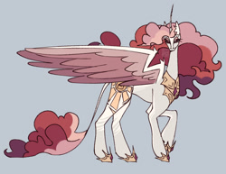 Size: 1647x1272 | Tagged: safe, artist:p0rk-guts, derpibooru import, princess celestia, alicorn, pony, g4, alternate color palette, alternate cutie mark, alternate design, alternate hair color, alternate hairstyle, alternate tail color, alternate tailstyle, colored pinnae, colored wings, colored wingtips, concave belly, crown, curly hair, curly mane, curly tail, curved horn, ear fluff, ears, eyeshadow, female, gray background, hoof shoes, horn, jewelry, large wings, leonine tail, lidded eyes, long horn, long legs, long neck, looking at you, makeup, mare, multicolored mane, multicolored tail, peytral, pink eyes, princess shoes, red mane, red tail, redesign, regalia, signature, simple background, slender, solo, starry eyes, tail, tall, thick eyelashes, thin, thin horn, thin legs, tiara, unicorn horn, watermark, white coat, wingding eyes, wings