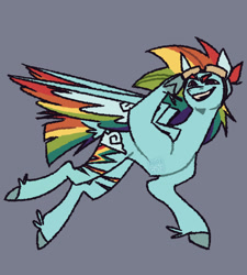 Size: 900x1000 | Tagged: safe, artist:p0rk-guts, derpibooru import, rainbow dash, pegasus, pony, g4, alternate design, alternate eye color, alternate hairstyle, alternate tailstyle, blue coat, brown eyes, colored eyebrows, colored hooves, colored pinnae, colored wings, colored wingtips, concave belly, fetlock tuft, flying, goggles, goggles on head, gray background, long mane, looking at you, male, messy mane, multicolored hair, multicolored mane, multicolored tail, multicolored wings, narrowed eyes, open mouth, open smile, partially open wings, rainbow hair, rainbow tail, rainbow wings, raised hoof, raised leg, salute, short tail, signature, simple background, smiling, smiling at you, solo, stallion, tail, transgender, transmasculine, watermark, wings