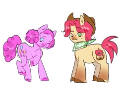 Size: 753x560 | Tagged: safe, artist:xxk1ttyl1tterxx, derpibooru import, part of a set, applejack, pinkie pie, earth pony, pony, g4, :p, alternate color palette, alternate cutie mark, alternate design, alternate hair color, alternate hairstyle, alternate tailstyle, applejack's hat, bandana, blue eyes, clothes, coat markings, colored muzzle, colored sketch, cowboy hat, curly hair, curly mane, curly tail, duo, duo female, eyebrows, eyebrows visible through hair, eyelashes, female, freckles, gradient legs, green eyes, hair bun, hat, height difference, mare, neckerchief, one eye closed, physique difference, pink coat, pink mane, pink tail, raised eyebrow, raised hoof, raised leg, red mane, red tail, redesign, shiny mane, shiny tail, short mane, simple background, sketch, smiling, socks (coat marking), space buns, tail, tied mane, tongue, tongue out, unshorn fetlocks, white background, wingding eyes, wink