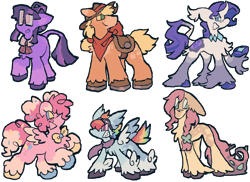 Size: 1100x800 | Tagged: safe, artist:unidog, derpibooru import, applejack, fluttershy, pinkie pie, rainbow dash, rarity, twilight sparkle, unicorn twilight, earth pony, pegasus, pony, unicorn, g4, alternate color palette, alternate cutie mark, alternate design, alternate eye color, alternate hair color, alternate hairstyle, alternate tail color, alternate tailstyle, applejack's hat, bandana, big ears, big eyes, blaze (coat marking), blonde, blonde mane, blonde tail, blue coat, blue eyes, blue sclera, bowtie, braid, braided ponytail, butt fluff, chest fluff, choker, clothes, coat markings, colored eartips, colored hooves, colored muzzle, colored pinnae, colored sclera, colored underhoof, colored wings, colored wingtips, concave belly, cowboy hat, curly hair, curly mane, curly tail, curved horn, ear fluff, ear tufts, ears, eye clipping through hair, eyebrows, eyeshadow, facial markings, fangs, female, fetlock tuft, floppy ears, freckles, glasses, goggles, goggles on head, golden eyes, green eyes, green sclera, group, hair accessory, hair bun, hat, height difference, hooves, horn, horseshoes, leaves in tail, leonine tail, lidded eyes, long legs, long mane, long tail, looking back, makeup, mane six, mare, mealy mouth (coat marking), messy tail, missing cutie mark, multicolored hair, multicolored hooves, multicolored mane, multicolored tail, narrowed eyes, neckerchief, no catchlights, no mouth, open motuh, open mouth, orange coat, pegasus pinkie pie, physique difference, pink coat, pink eyes, pink mane, pink sclera, pink tail, ponytail, profile, purple coat, purple mane, purple tail, race swap, rainbow hair, rainbow tail, raised eyebrow, raised hoof, raised leg, rearing, redesign, sailor collar, scarf, sextet, sharp teeth, short hair rainbow dash, short mane, simple background, small wings, smiling, smoldash, socks (coat marking), space buns, splotches, spotted, spread wings, square glasses, standing, stick in tail, tail, tail accessory, tallershy, teeth, thin legs, tied mane, transparent background, two toned eyes, two toned mane, two toned tail, two toned wings, underhood, unshorn fetlocks, wall of tags, wavy mane, wavy tail, white coat, wide stance, wings, yellow coat
